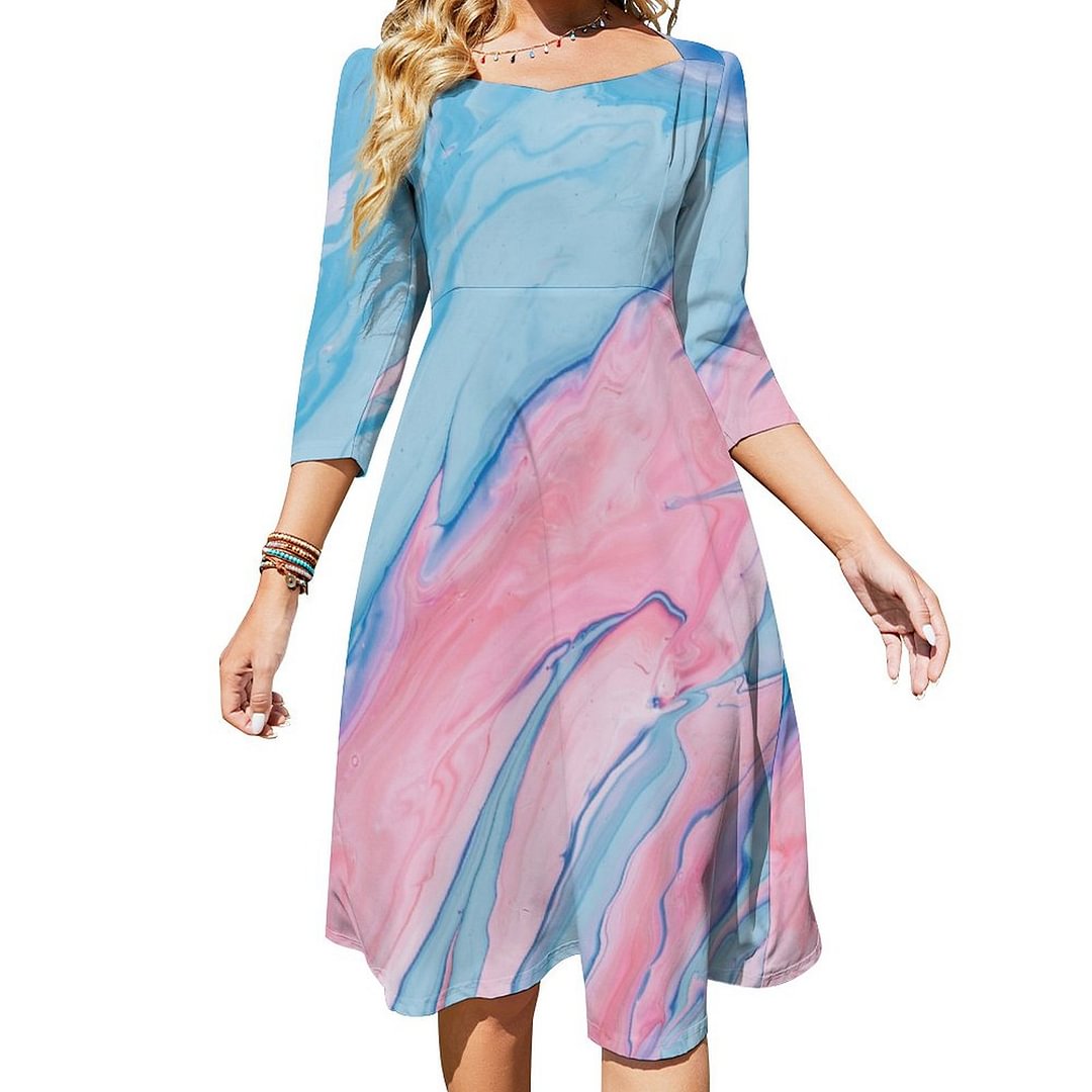 Pretty Pastel Poured Paint Dress Sweetheart Tie Back Flared 3/4 Sleeve Midi Dresses