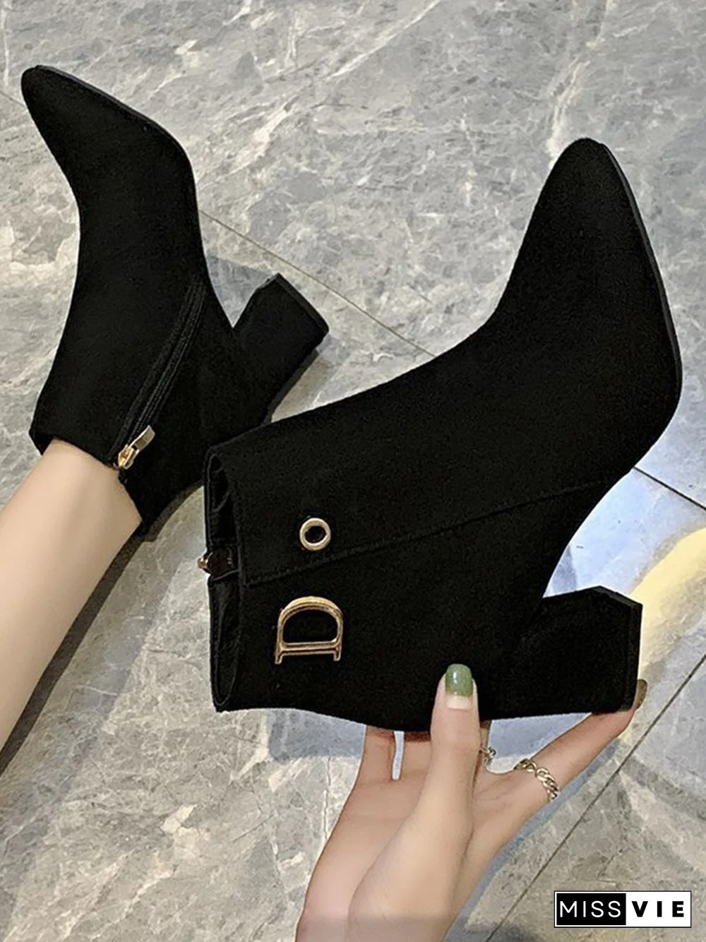 Side Zip Faux Suede Pointed Toe Chunky Heel Booties
