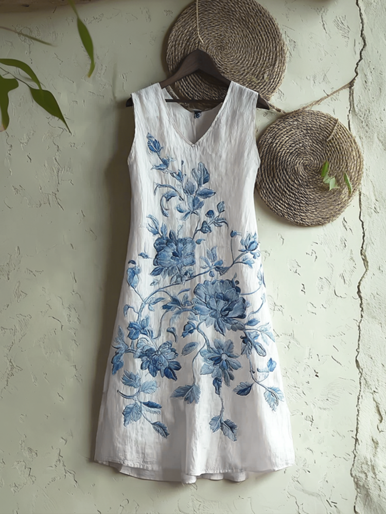Retro Blue Floral Embroidery Pattern Sleeveless Dress elevenforest