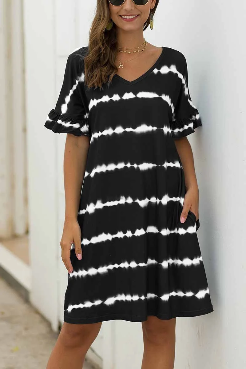 Striped Tie-dye Casual Loose Dress With Pocket