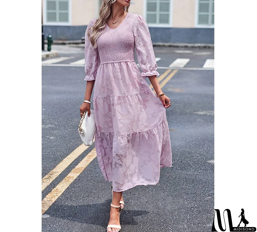 MidiSono - Solid Floral Ruched Color Block Ruffle Full Dress