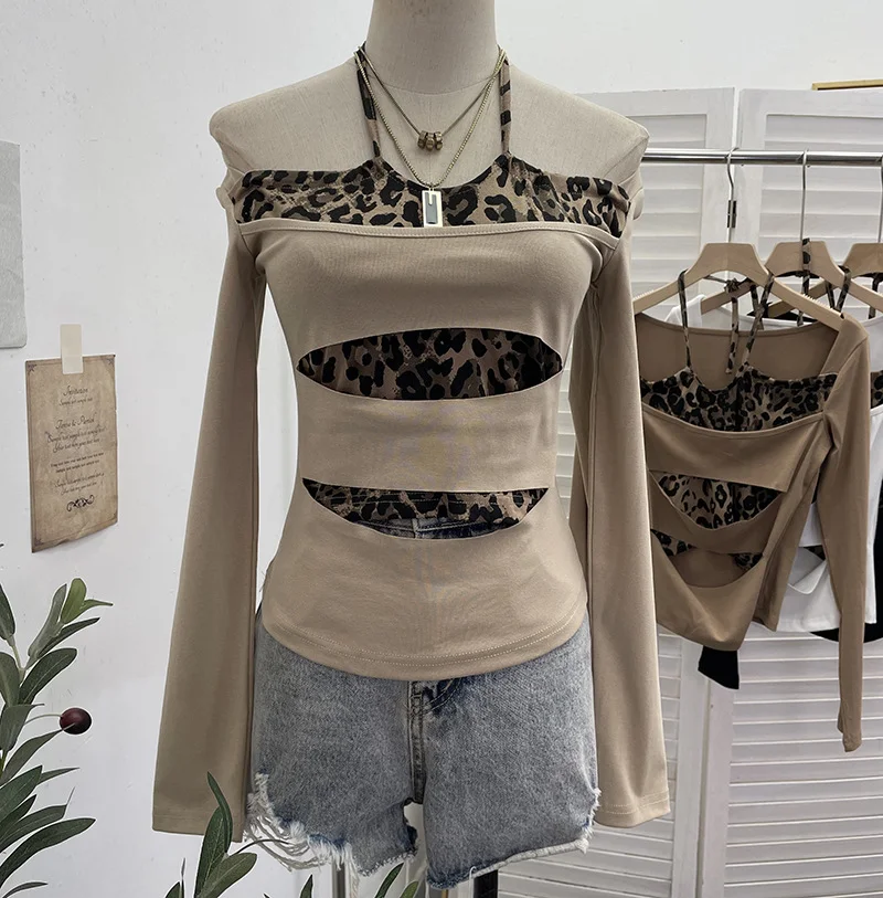 Nigikala Nigikala Shooting With Hanging Neck Leopard Print Splicing Two Long-Sleeved Tops A Short Shoulder Bottom T-Shirt 28787