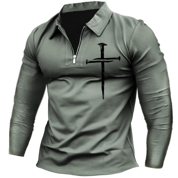 Men's Retro Crusader Print Zipper Long Sleeved Henry Shirt