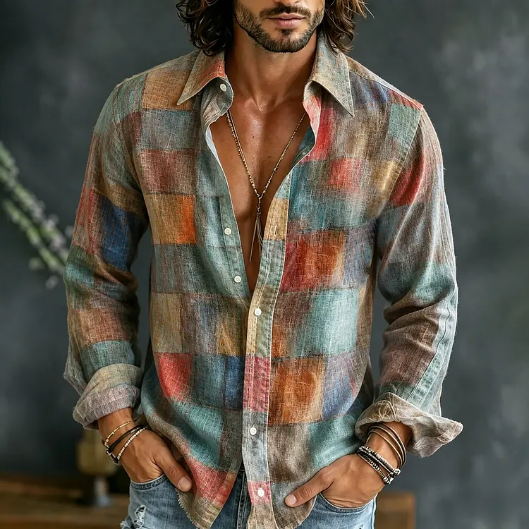 Men's Retro Artwork Painting Style Lattice Gradient Art Print Linen Blend Long-sleeve Shirt