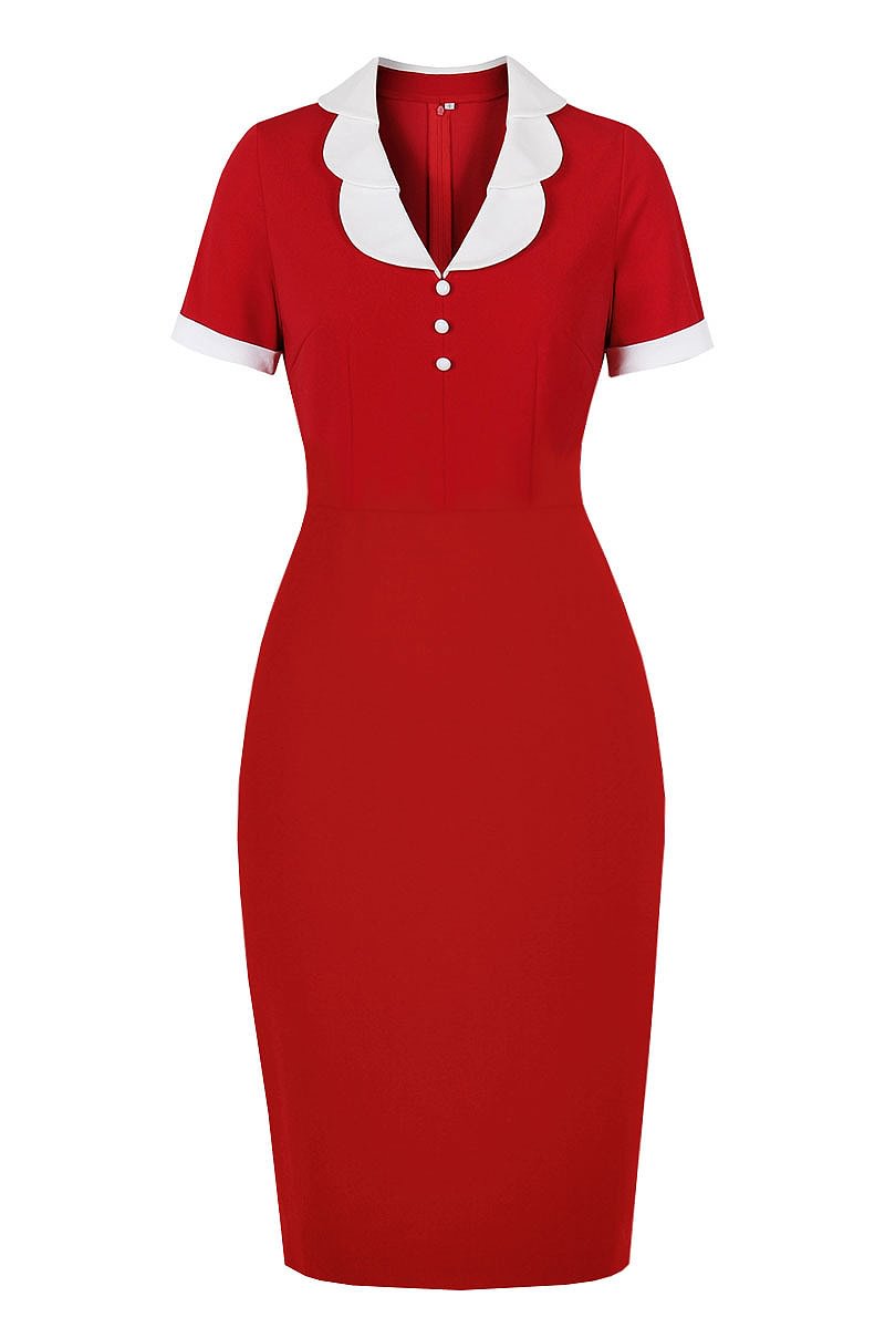 1950s Red Retro Colorblock V Neck Pencil Skirt Midi Dress