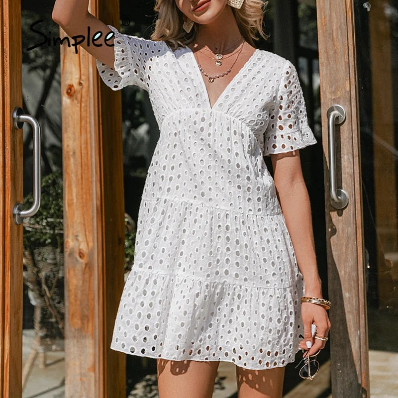 Simplee Sexy v-neck lace stitching white dress 2021 summer new Short-sleeve solid women dress casual Fashion boho A-line dress