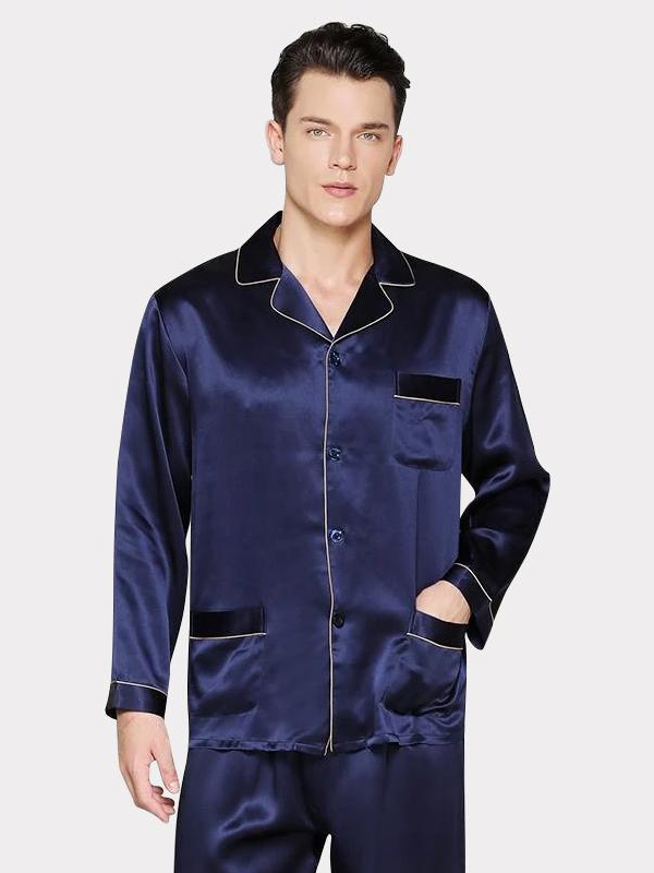 Realsilklife | Luxury Navy Blue Long Men's Silk Pajamas