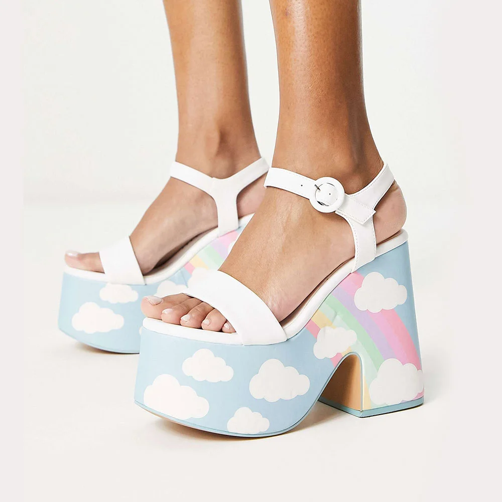 White and Light Blue Cloud Print Open Toe Platform Sandals for Women
