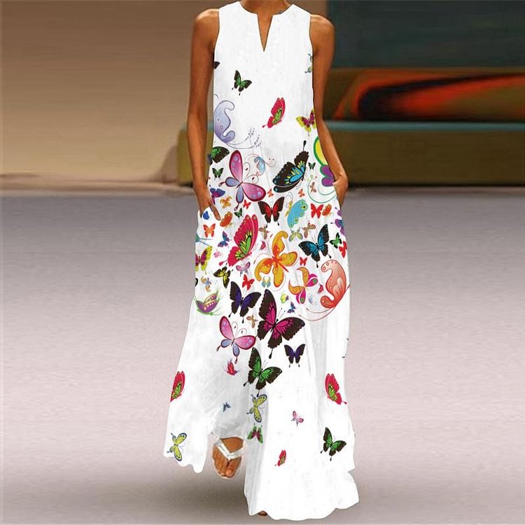 Vintage Printed V-neck Sleeveless Dress With Pockets-Mayoulove