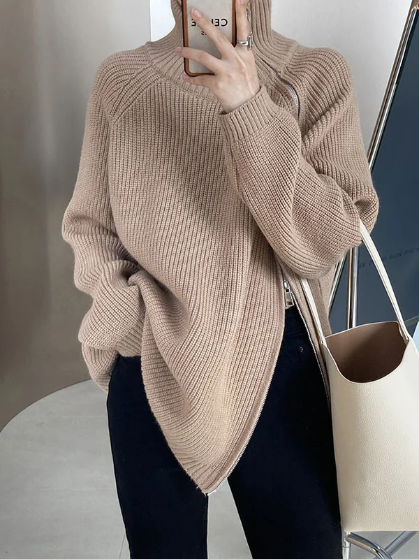 Urban Loose Long Sleeves Split-Side Solid Color Zipper Halter-Neck Sweater Tops