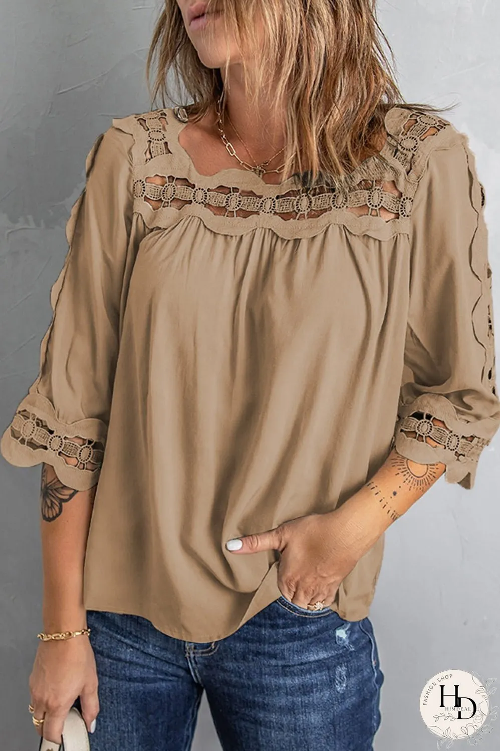 Crochet Openwork Three-Quarter Sleeve Blouse