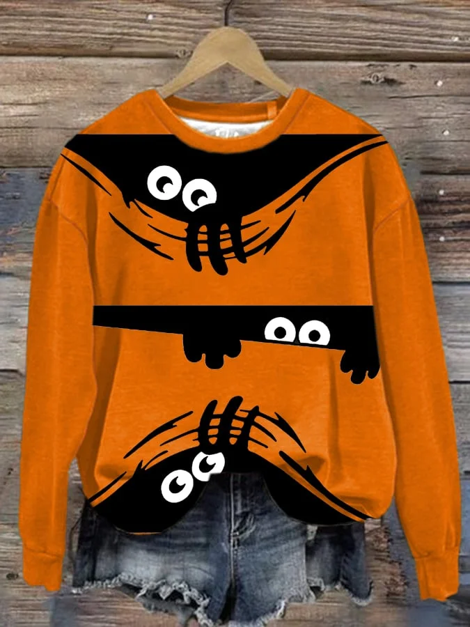 Women's Halloween Peek Monster Print Round Neck Sweatshirt