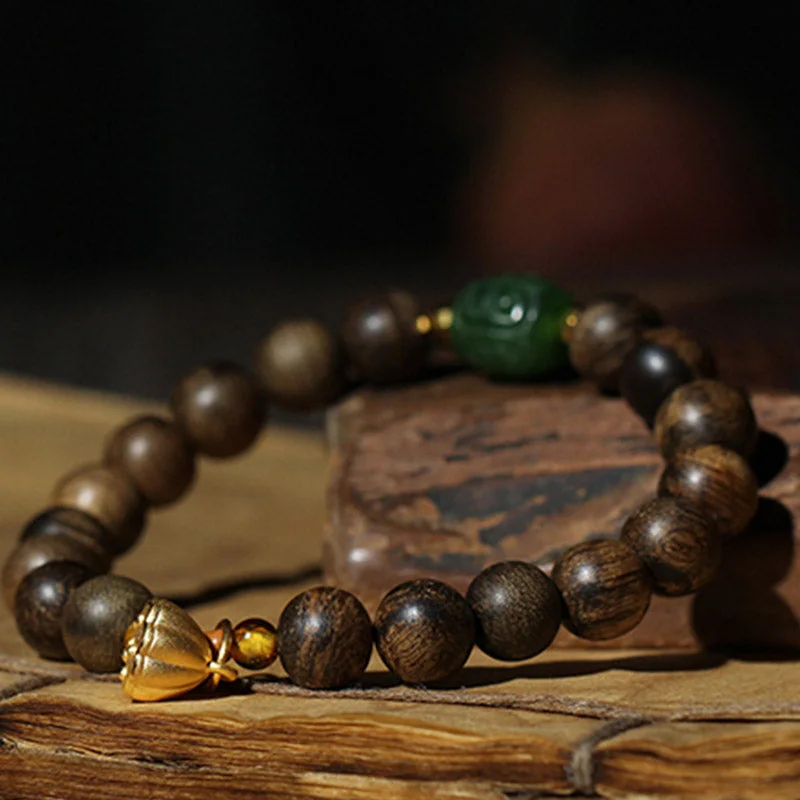 999 Gold Brunei Agarwood Cyan Jade Lotus Flower Peace Strength Bracelet