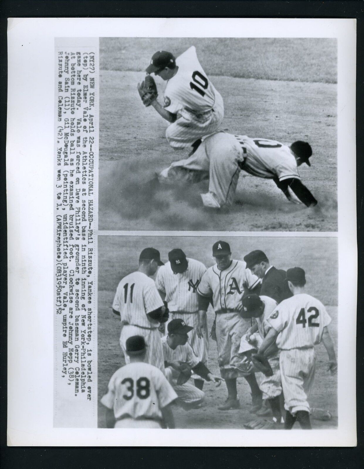 Phil Rizzuto Jerry Coleman 1952 Press Photo Poster painting from Rizzuto estate Yankees Valo A's