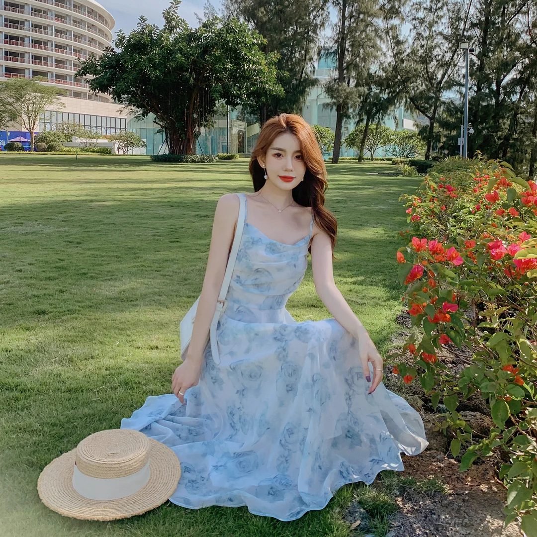 Churchf Churchf Temperament Sexy Dew Back Broken Flower Condole Belt Skirt Female 2024 Summer New Style Dozen Pull Collect Waist Thin Money Chiffon Dress