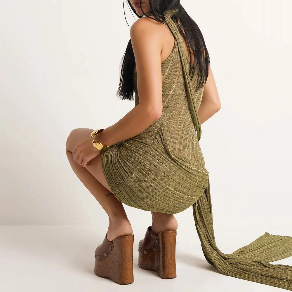 Brown Open Toe Studded Platform Wedge High Heel Mule Shoes for Women