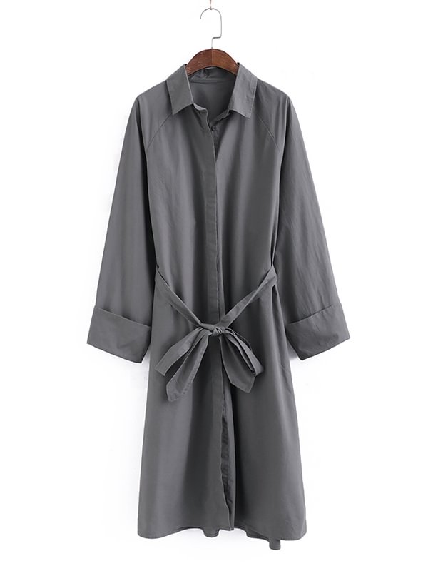 Casual Loose 3 Colors Buttoned Tied Lapel Collar Long Sleeves Midi Shirt Dress