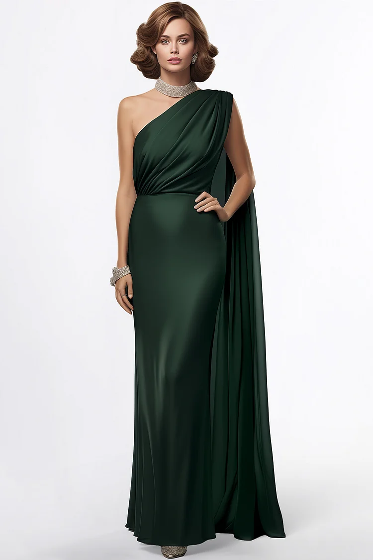 Zaruci Mother Of The Bride Dark Green Satin One Shoulder Sleeveless Maxi Dress [Pre-Order]