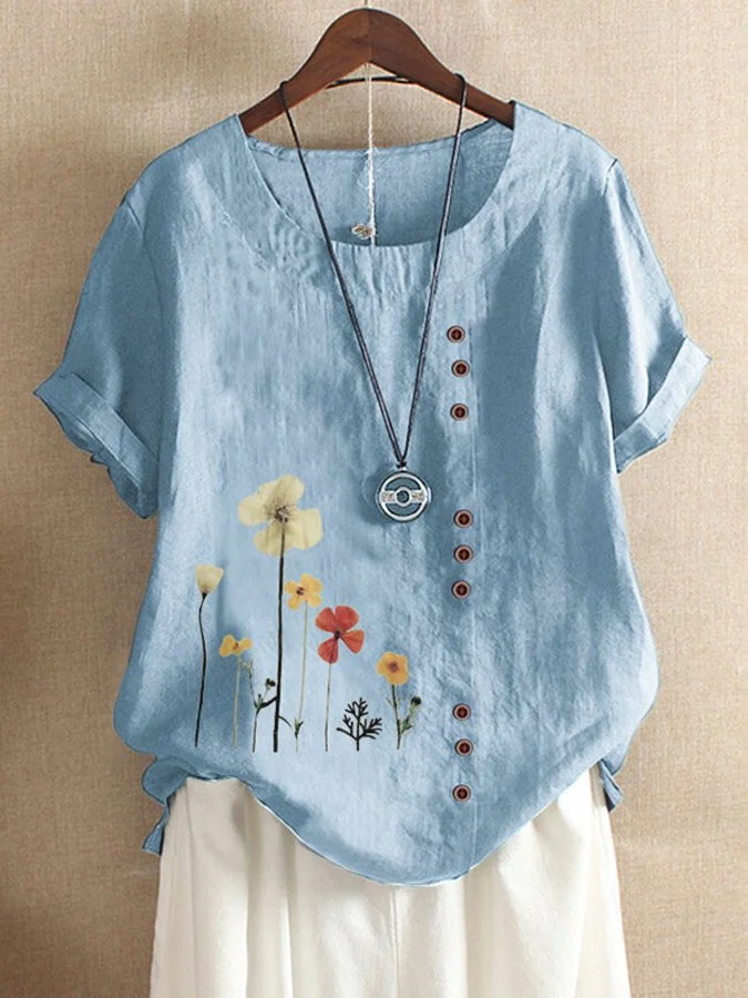Women's Vintage Cotton Linen Printed Loose T-shirt