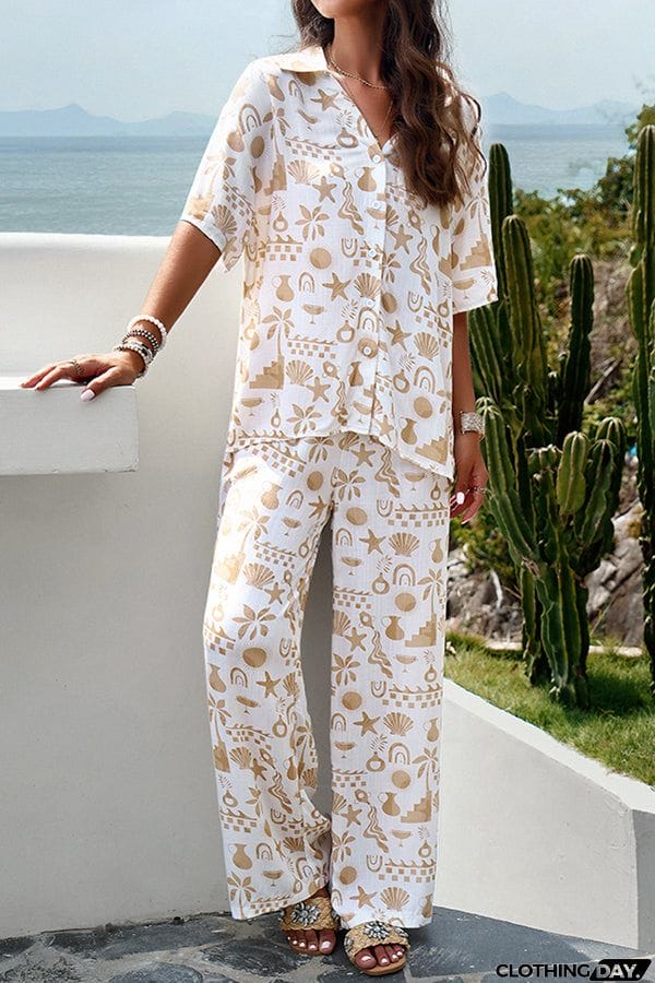 Fun Printed Button Pocket Long Sleeve Shirt and Elastic Waist Pants Set