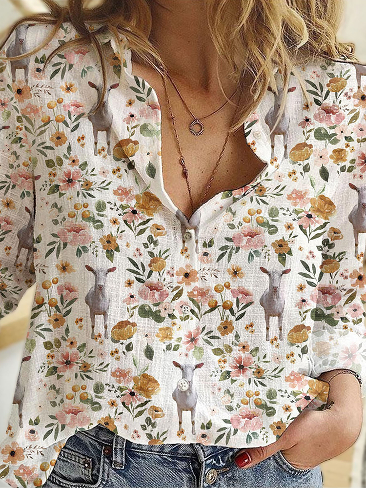Comstylish Vintage Blossom Floral Saanen Goat Casual Shirt