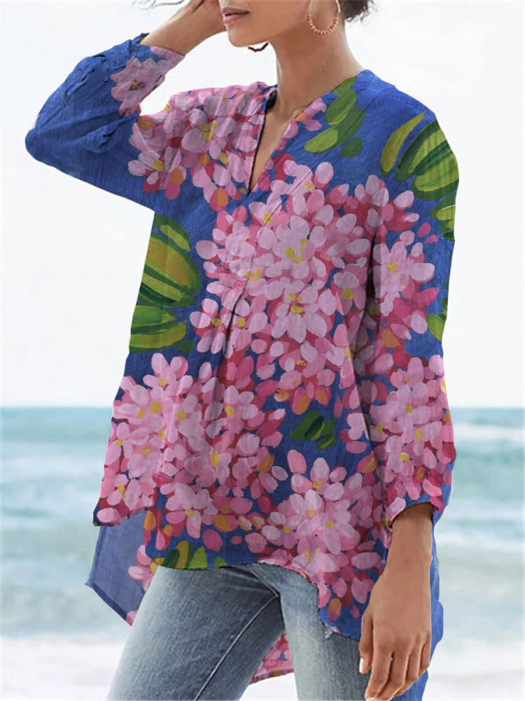 Women's  Flower Print Casual Linen V-neck Shirt