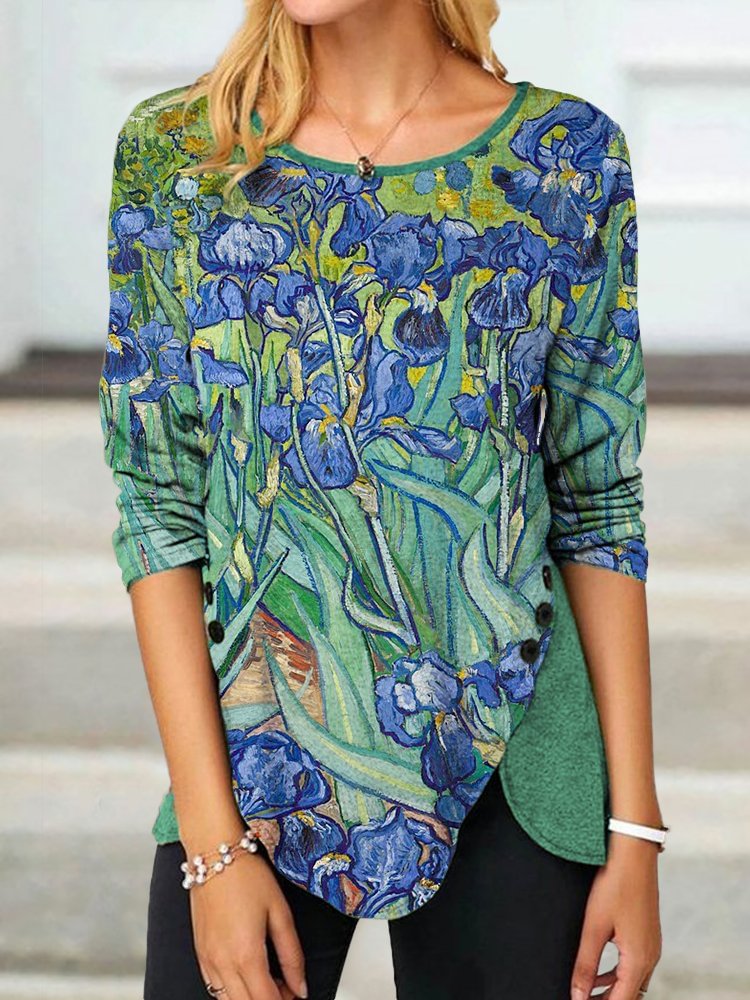 Womens Casual Irises Print Button Slit T Shirt