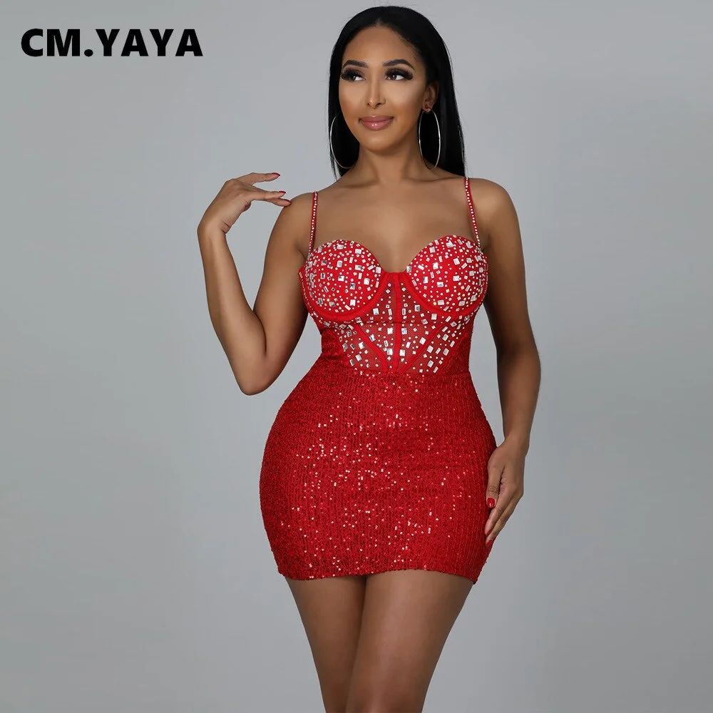 CM.YAYA Women Sequins Sequined Patchwork Mesh See Though Bodycon Midi Mini Dress Sexy Party Club Night Pencil Sleeveless Dresses