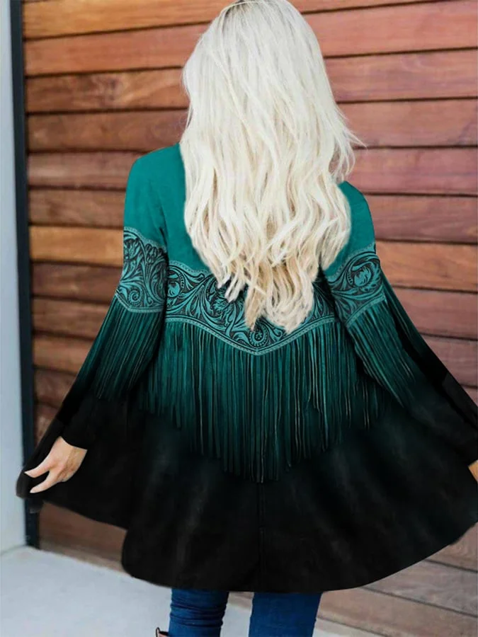 Western Vintage Turquoise Fringe Print Cardigan