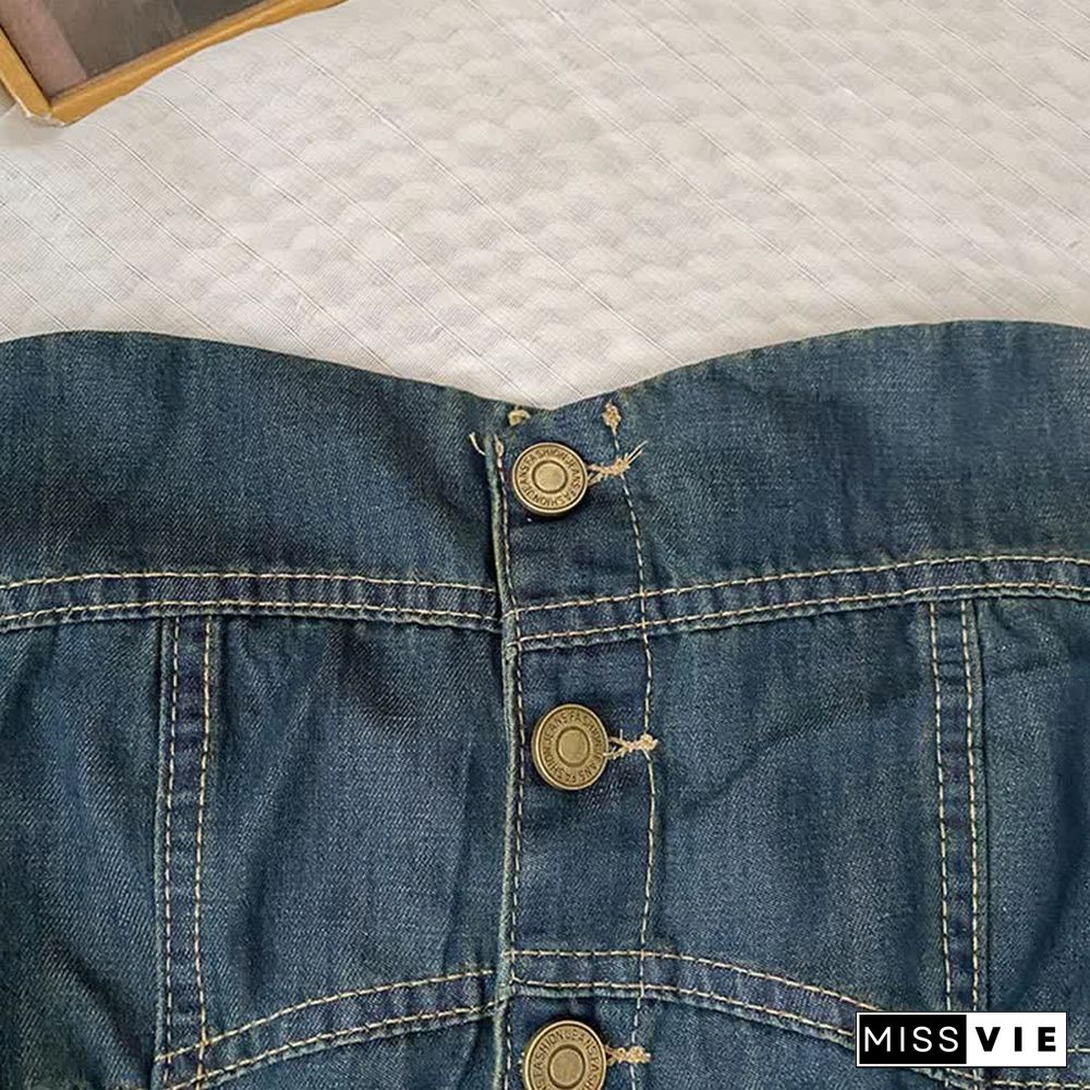 Pure Color Knit Cardigan Off The Shoulder Lace Up Denim Overalls