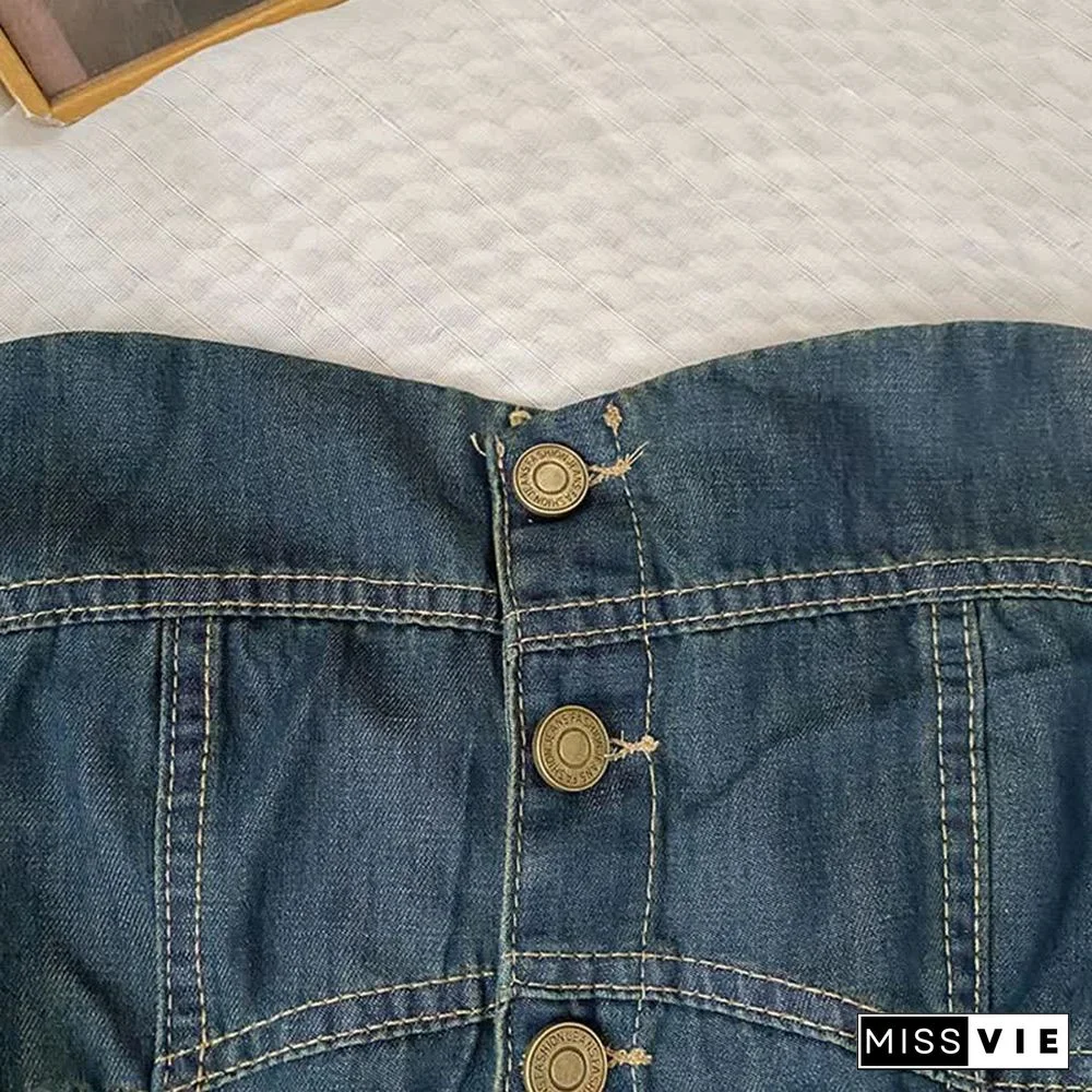 Pure Color Knit Cardigan Off The Shoulder Lace Up Denim Overalls