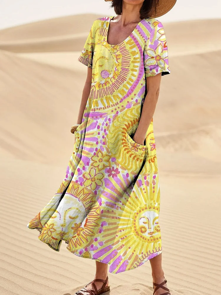 Funny Sun Print Women's Linen Pocket Dress