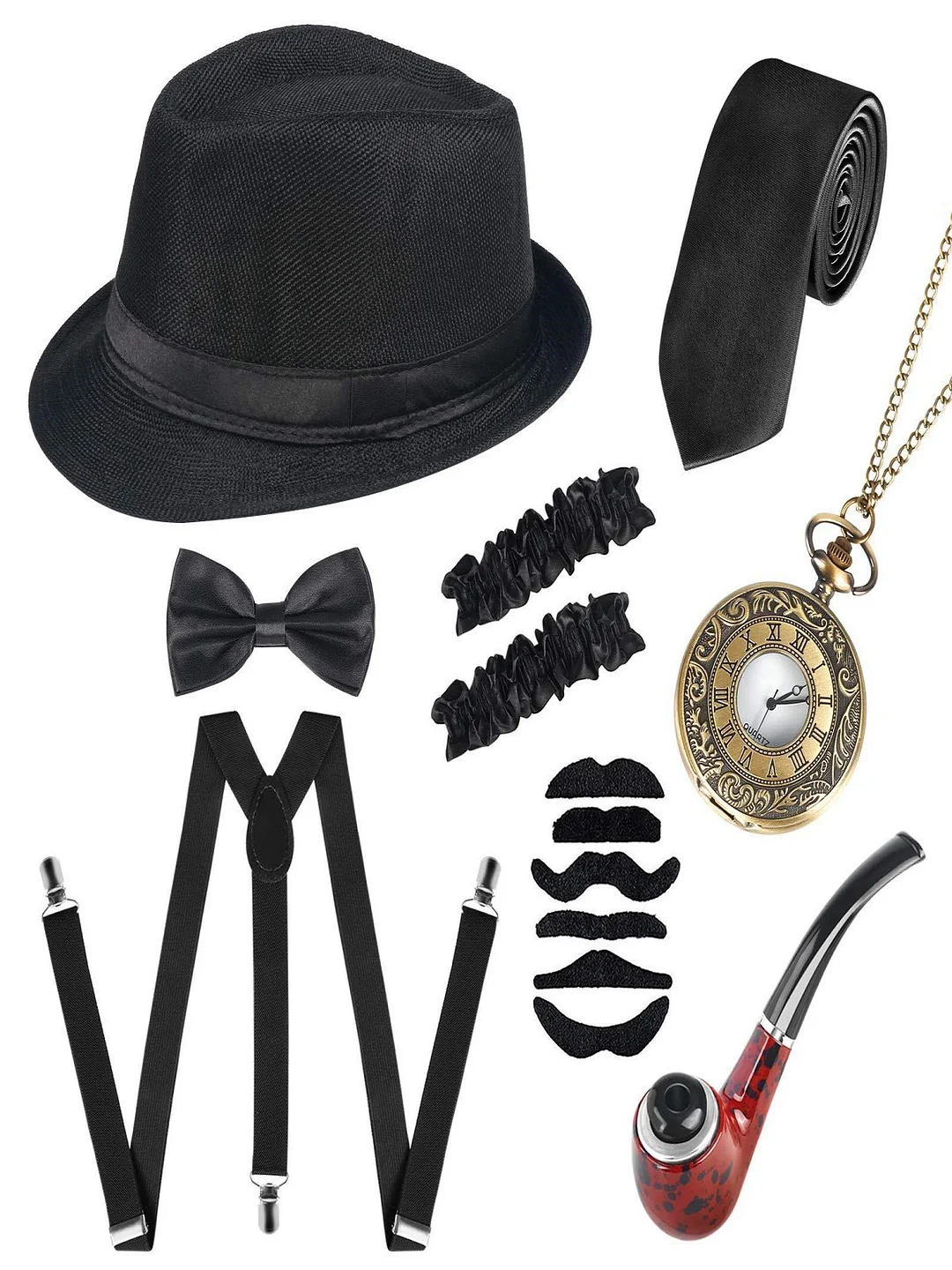 Novameme Men's Prom Eight Piece Sets Halloween 1920s Gatsby Party Costume Accessories