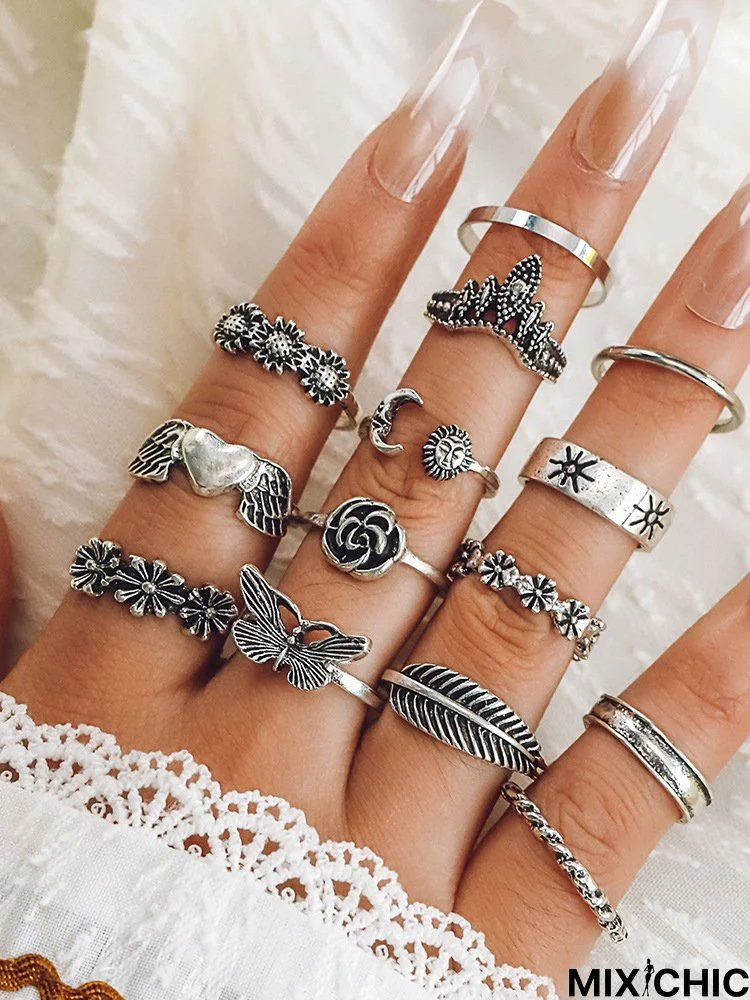 14Pcs Bohemian Vintage Distressed Floral Butterfly Pattern Ring Set Beach Vacation Jewelry