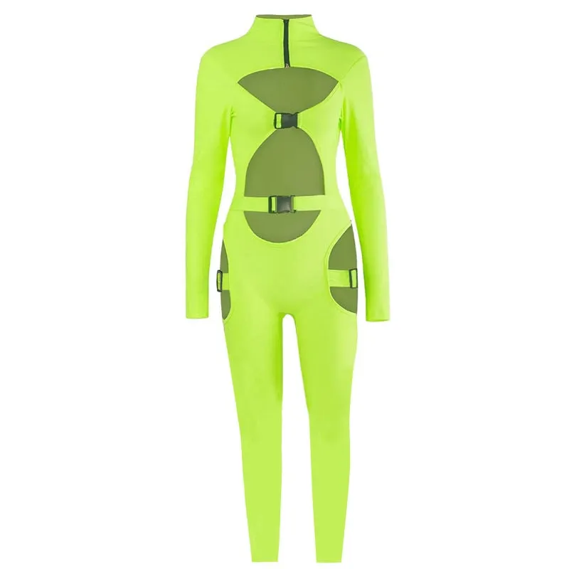 Sexy Women Bodycon Jumpsuit Solid Color Overalls Long Sleeves Rompers Bodysuits High Neck Hollow Out Buckle Biker Short Clubwear