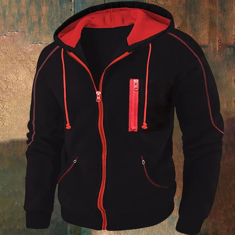 Men'S Hooded Simple Color Block Zipper Hoodie