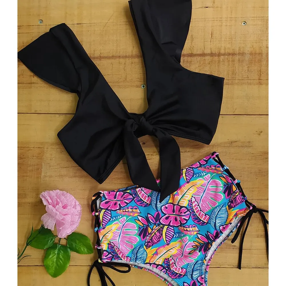 2021 New Sexy High Waist Bikini Set Two Pieces Swimwear Women Print Ruffle Bandage Swimsuit Bathing Suit Beachwear biquini