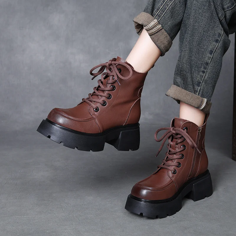 Yyvonne Layer Of Cow Skin English Wind Martin Boots 2025 Autumn And Winter New Round Head Thick Bottom Increase Plus Velvet Warm Short Boots