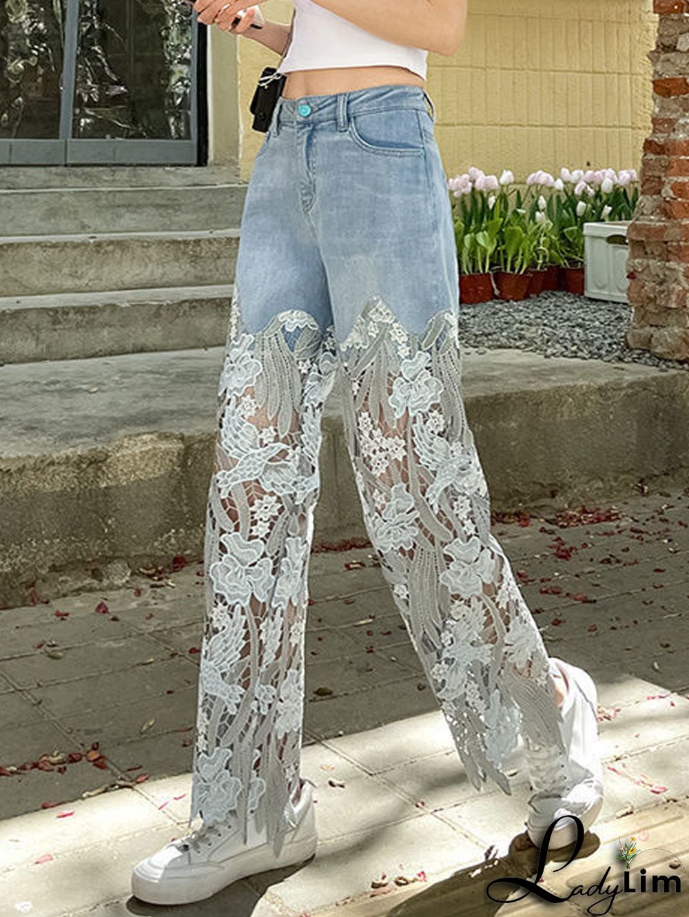 Daily Retro Floral Lace Patchwork Denim Straight Jeans