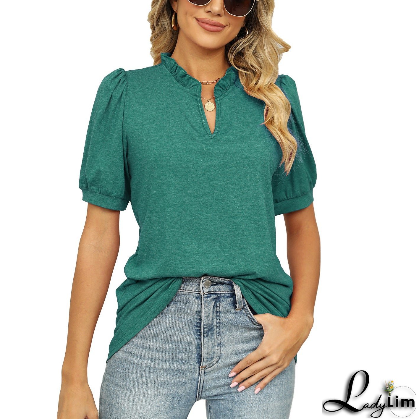 V-neck Shrink Pleated Short Sleeve Loose T-shirt Top For Women