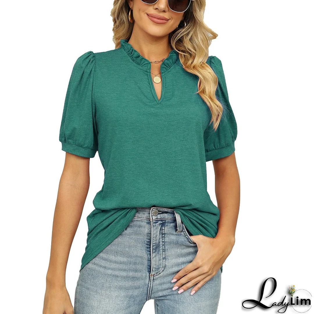 V-neck Shrink Pleated Short Sleeve Loose T-shirt Top For Women