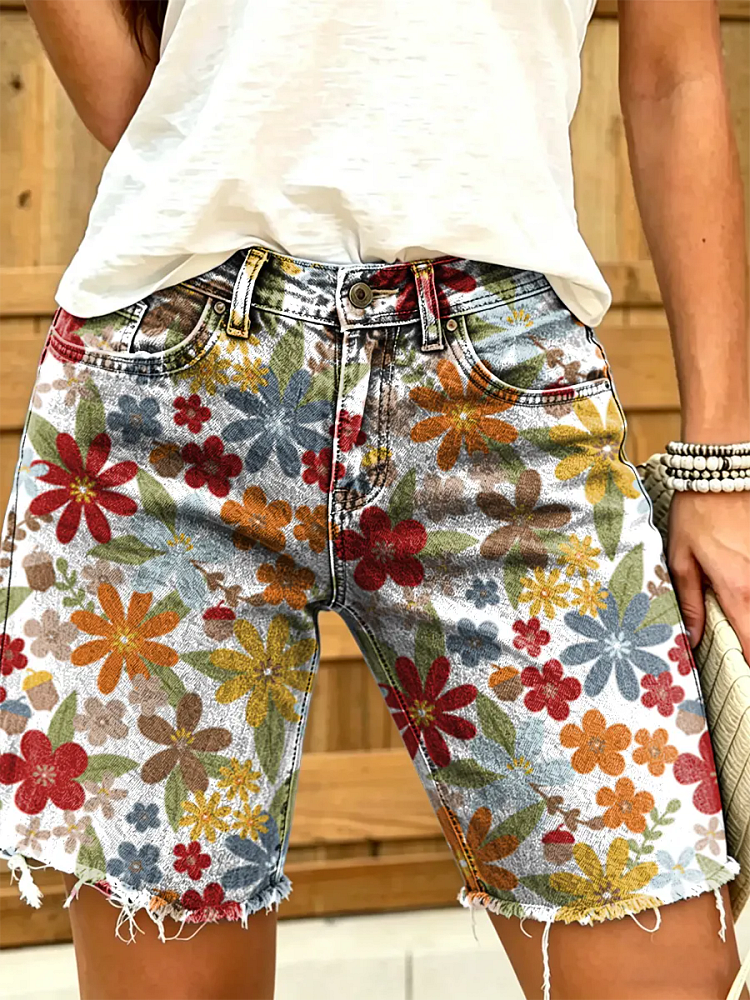 Ethnicity Flowers Women's Art Print Casual Denim Shorts