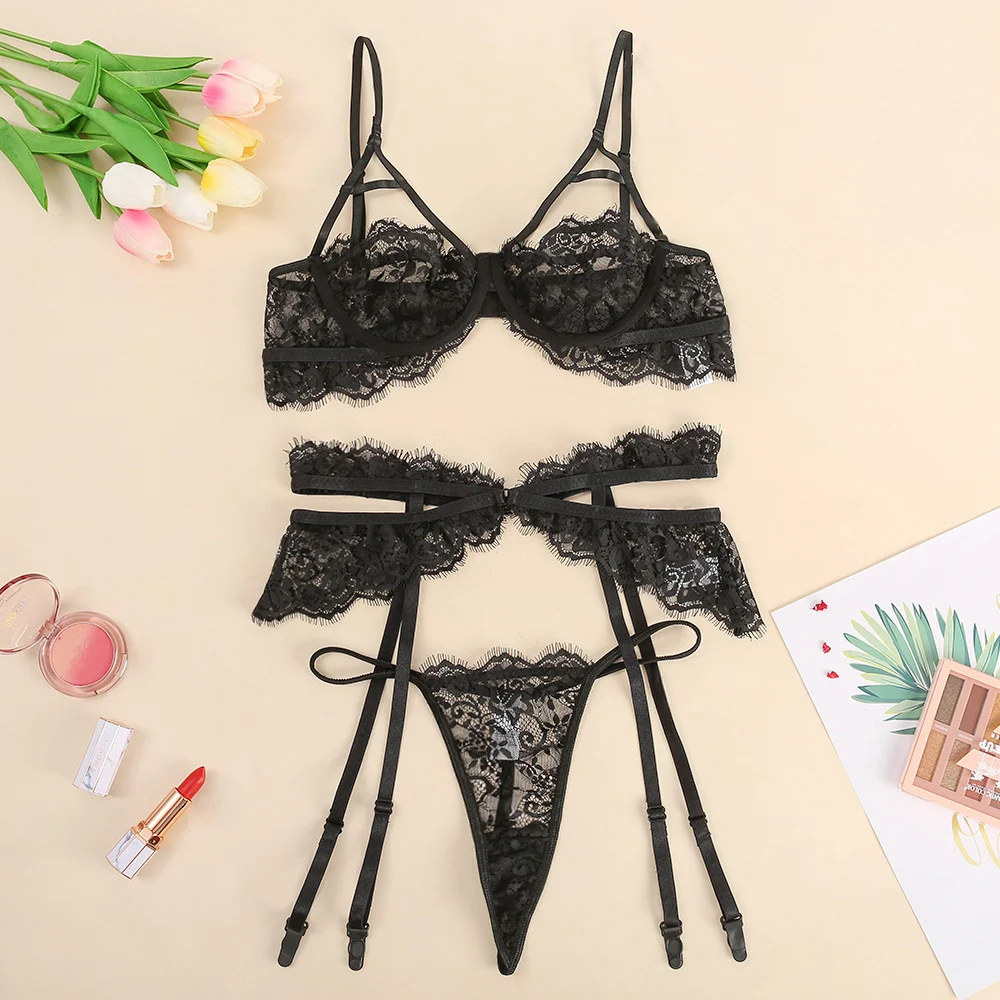 Billionm SexeLakas Sexy Underwear Set Women Lace Hollow Lingerie 3 Pieces Porno Intimates Set Gathered Bra Transparent Brief T Back Thong