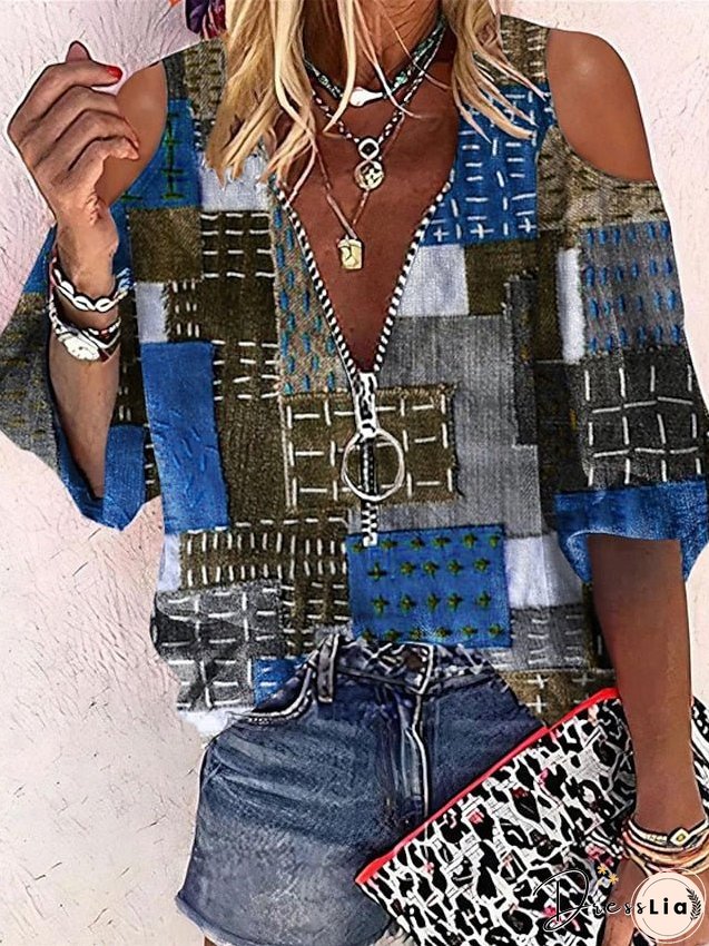 Shirt Blouse Red Blue Green Geometric Cut Out Quarter Zip Long Sleeve Casual Basic V Neck Regular Geometric S for Women