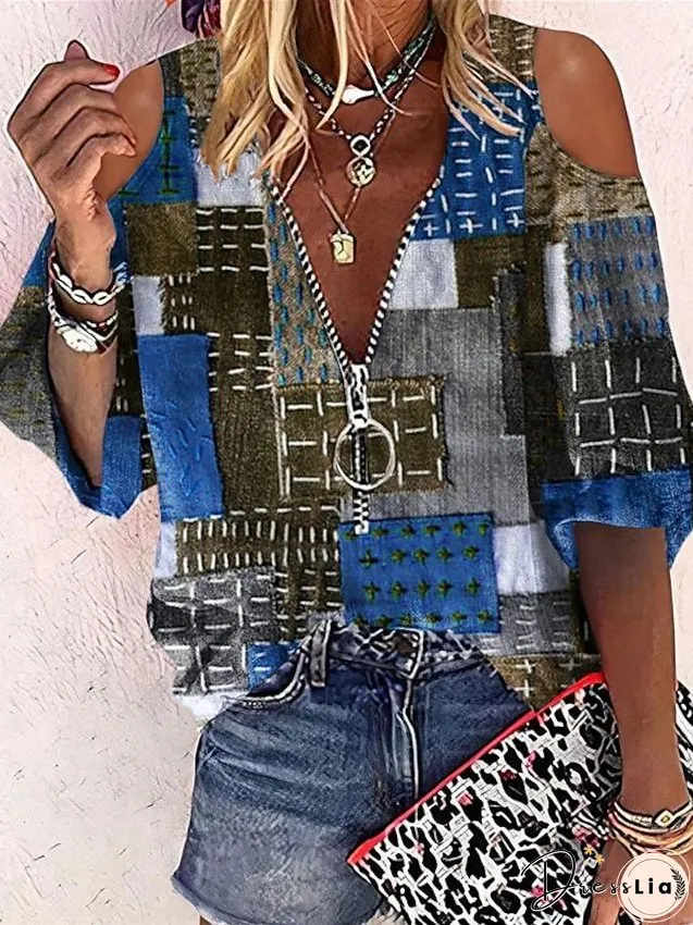 Shirt Blouse Red Blue Green Geometric Cut Out Quarter Zip Long Sleeve Casual Basic V Neck Regular Geometric S for Women