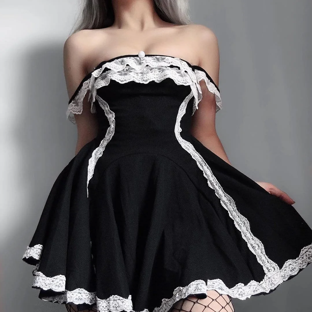Black Babydoll Sweet Lace Dress SP179053