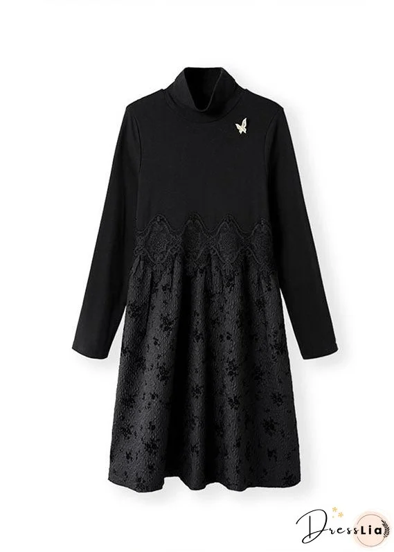 Vogue Black Turtleneck Lace Patchwork Maxi Dress Fall