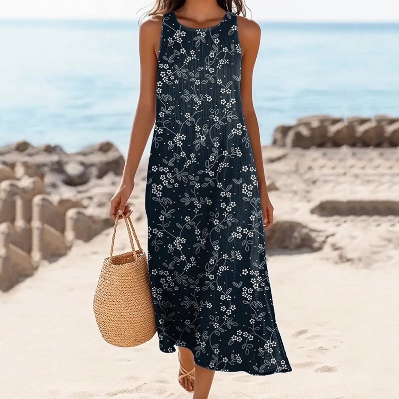 Comstylish Women's Vintage Floral Print Linen Blend Loose Tank Midi Dress