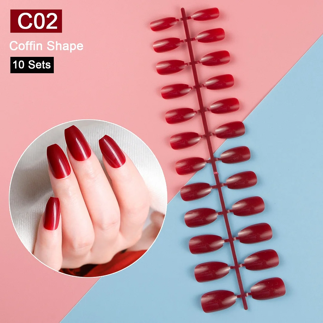 10 Sets/Pack Mixed Solid Colors Coffin Round Square Almond Shape False Nails Full Cover Nail Tips Short Fake Nails Tip Manicure-Nail Inspo