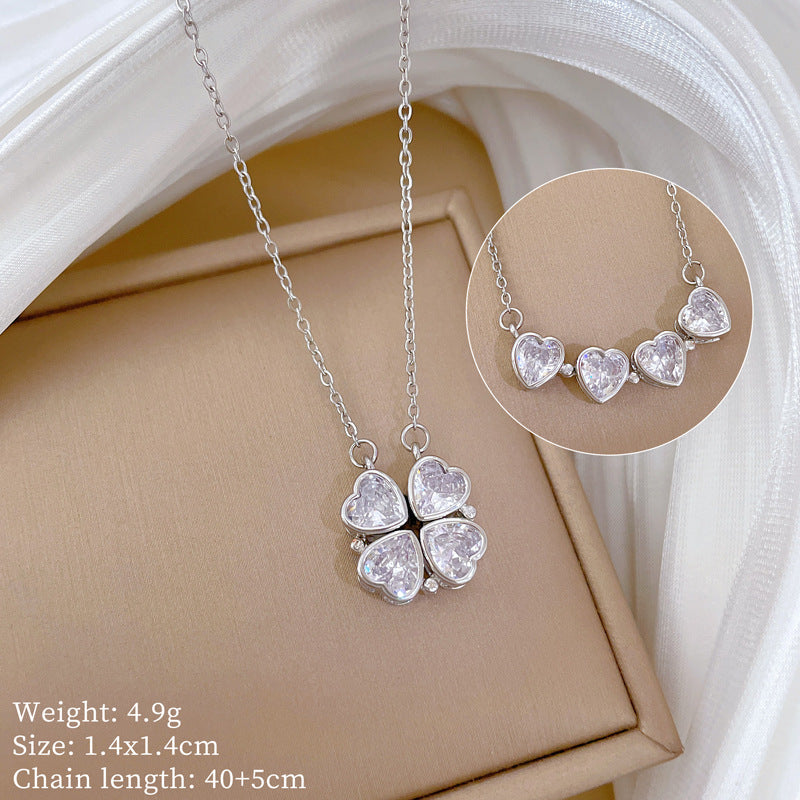 Women’S Necklace Two-Piece Heart-To-Heart Opening And Closing Four-Leaf Flower Full Diamond All-Match Clavicle Chain Titanium Steel